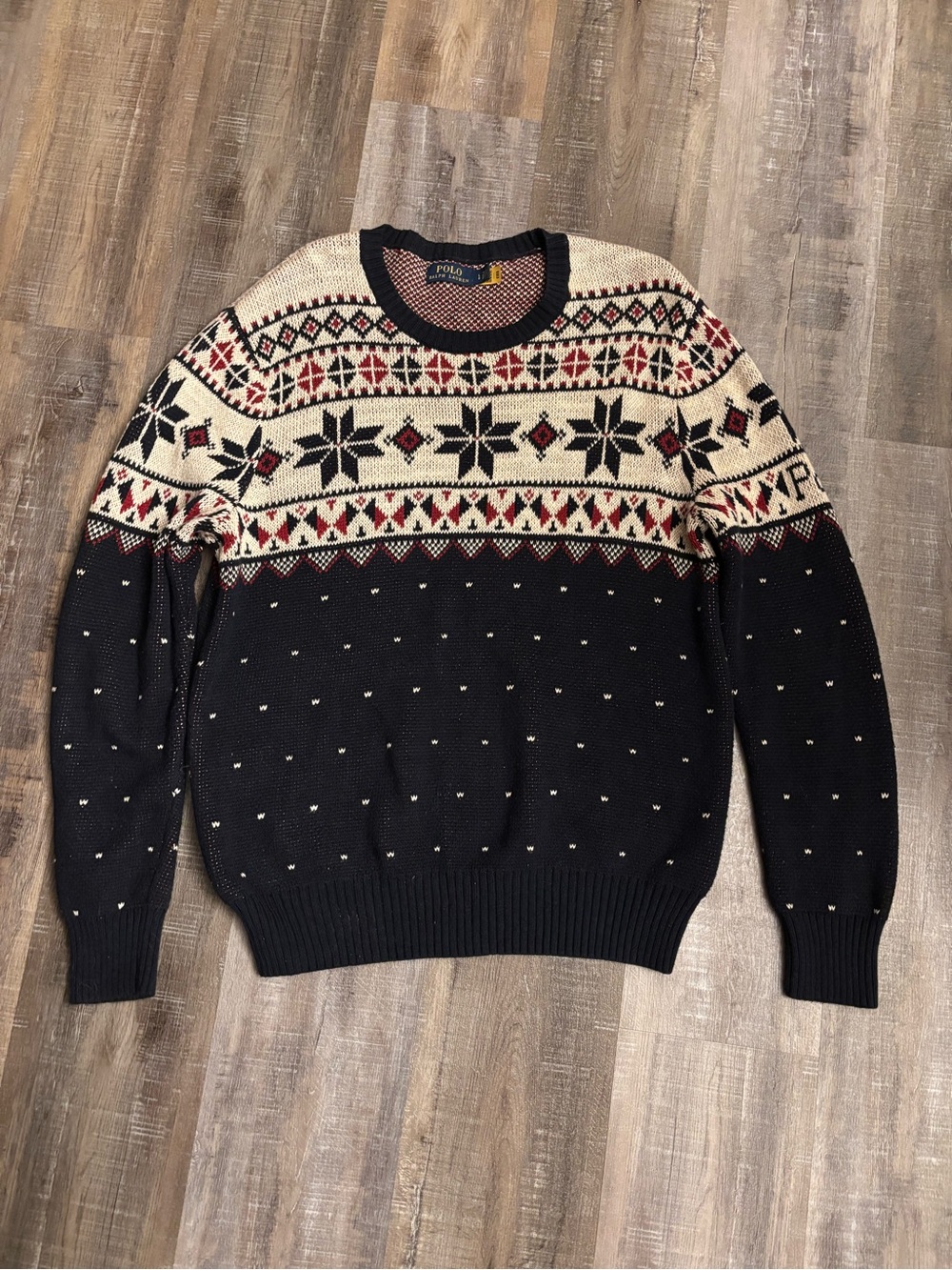 Polo Ralph Lauren Mens L Fair Isle Snowflake Knit Sweater Navy Blue Red Cotton